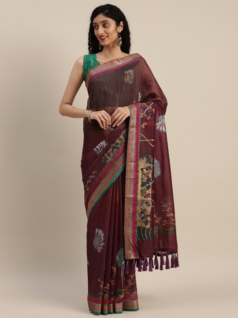 

VASTRANAND Burgundy & Orange Linen Blend Printed Saree