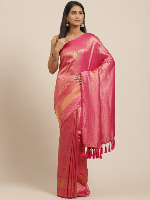 

VASTRANAND Pink & Golden Woven Design Banarasi Saree