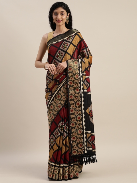 

VASTRANAND Black & Maroon Linen Blend Printed Patola Saree
