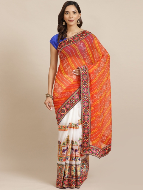 

VASTRANAND Orange & White Printed Half & Half Bandhani Saree