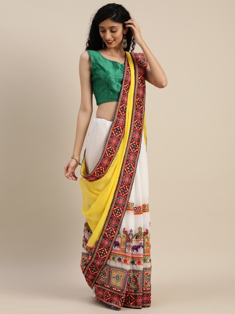 

VASTRANAND Yellow & White Poly Georgette Embroidered Half & Half Saree