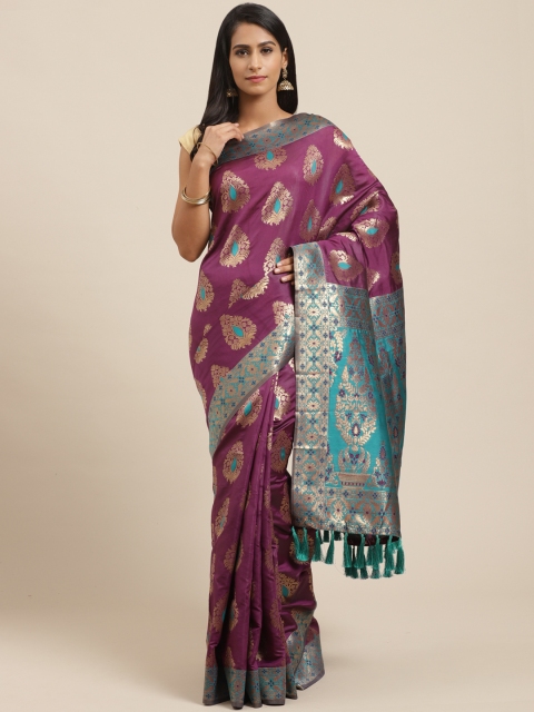 

VASTRANAND Aubergine & Golden Zari Woven Design Banarasi Saree, Purple