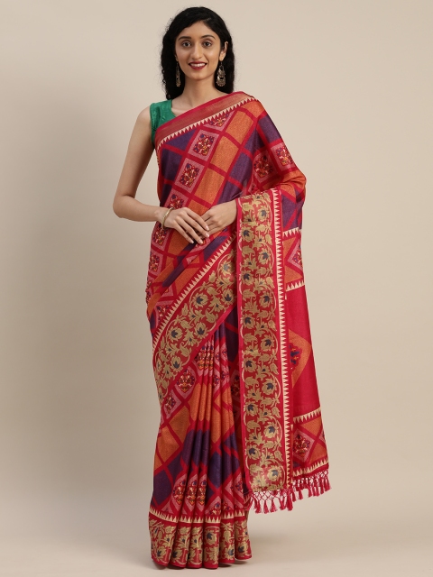 

VASTRANAND Pink & Purple Linen Blend Printed Patola Saree