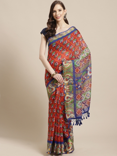 

VASTRANAND Red & Blue Printed Pochampally Saree