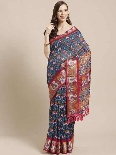 

VASTRANAND Blue & Mustard Yellow Printed Pochampally Saree