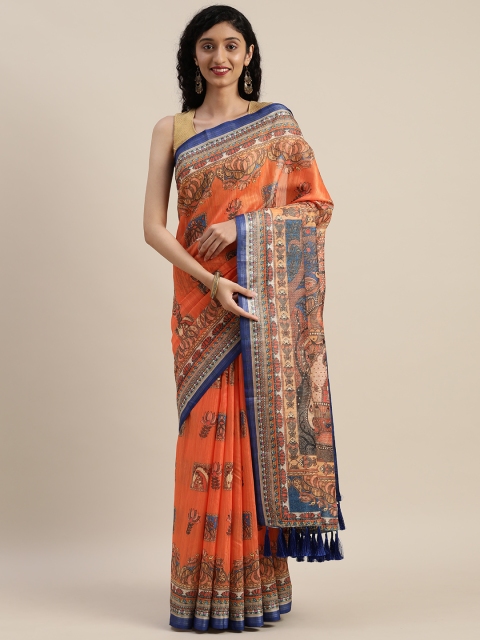 

VASTRANAND Orange & Blue Linen Blend Printed Saree