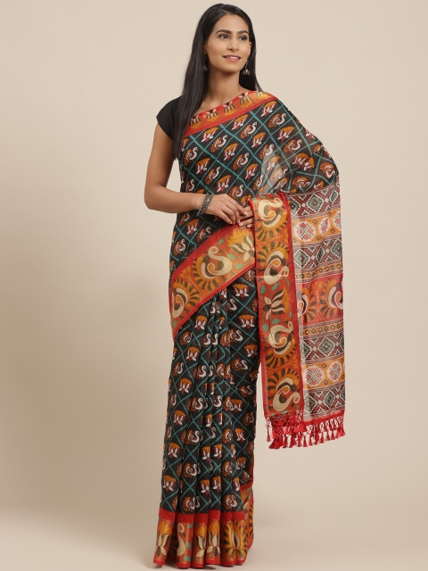 

VASTRANAND Black & Mustard Yellow Printed Pochampally Saree