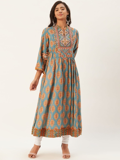 

Ritu Kumar Women Blue & Orange Printed Anarkali Kurta