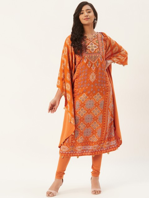 

Ritu Kumar Women Rust Orange & Pink Printed Kaftan with Churidar