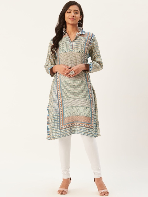 

Ritu Kumar Women Beige & Blue Printed Straight Kurta