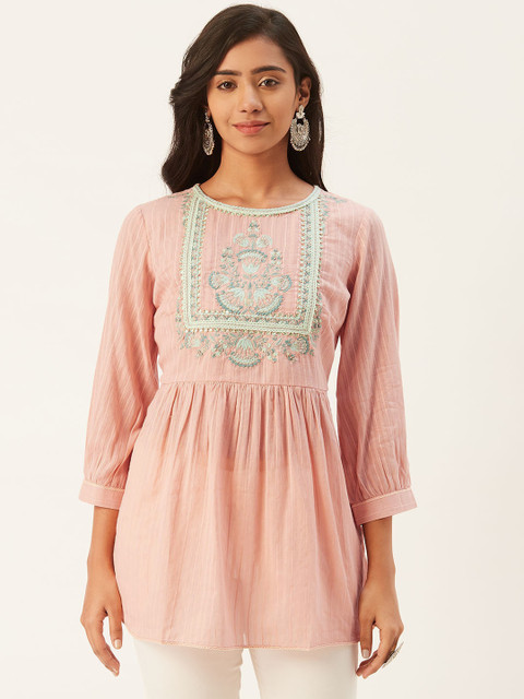 

Ritu Kumar Women Peach-Coloured Yoke Design Pure Cotton A-Line Kurti