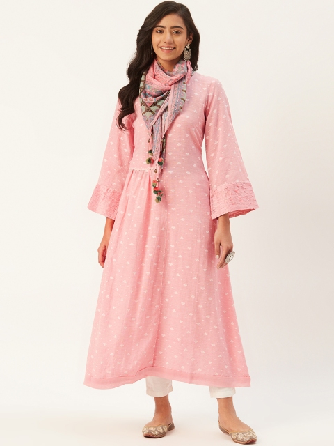 

Ritu Kumar Women Pink & White Woven Design A-Line Kurta with Scarf