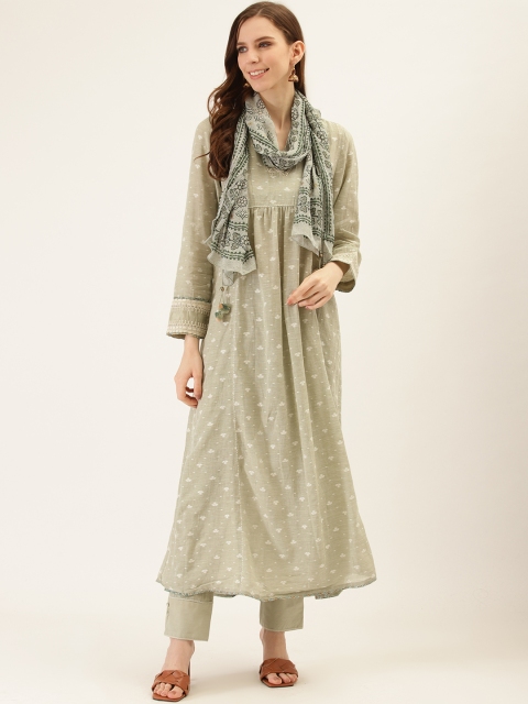 

Ritu Kumar Women Olive Green & Off-White Self Design Kurta with Trousers & Stole