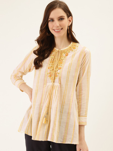 

Ritu Kumar Women Off-White & Mustard Yellow Striped Pure Cotton A-Line Kurti