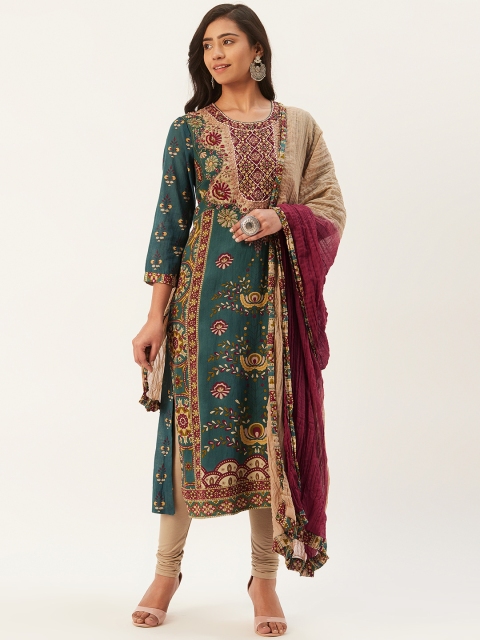 

Ritu Kumar Women Green & Beige Printed Kurta with Churidar & Dupatta