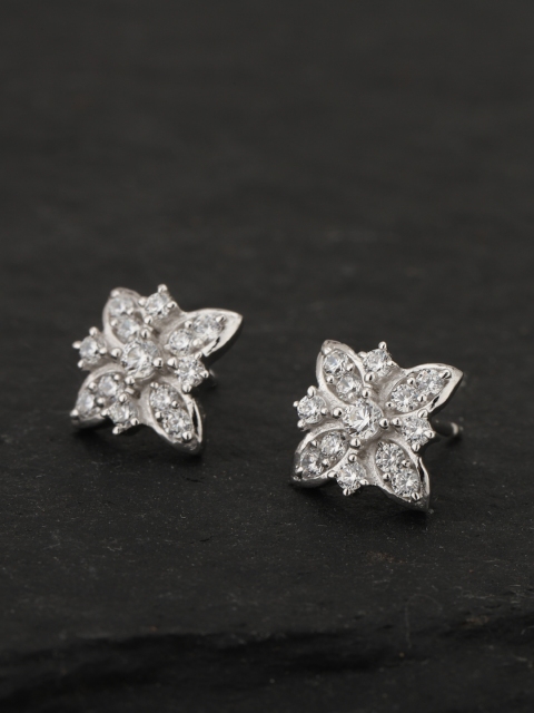 

Carlton London Silver-Toned Rhodium-Plated CZ-Studded Floral Studs