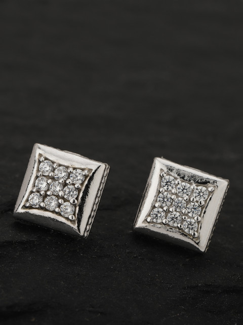 

Carlton London Silver-Toned Rhodium-Plated CZ-Studded Geometric Studs