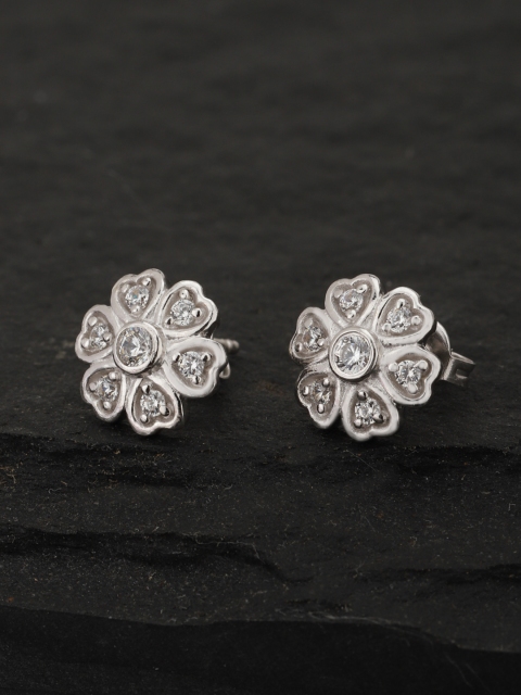 

Carlton London Silver-Toned Rhodium-Plated CZ-Studded Floral Studs