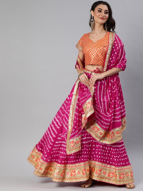 

Geroo Jaipur Hand Dyed Bandhani Pink Silk Stitched Sustainable Lehenga With Dupatta