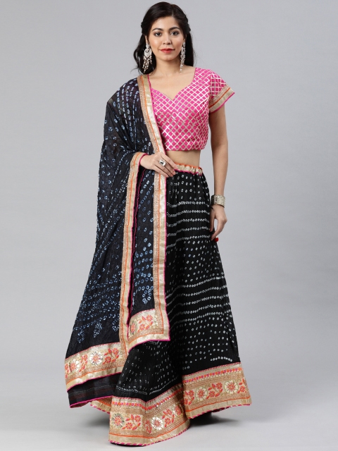 

Geroo Jaipur Hand Dyed Bandhani Black Silk Stitched Lehenga With Dupatta