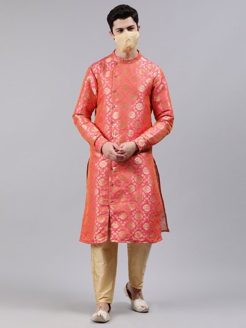 

EthnoVogue Men Pink & Beige Woven Design Made To Measure Kurta Set With Matching Mask