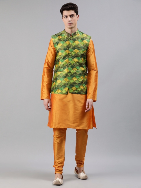 

Bollywood Vogue Men Mustard Yellow & Green Solid Made to Measure Kurta with Churidar