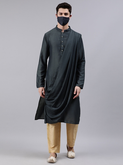 

Bollywood Vogue Men Charcoal Grey & Beige Solid Made To Measure Kurta Set With Mask
