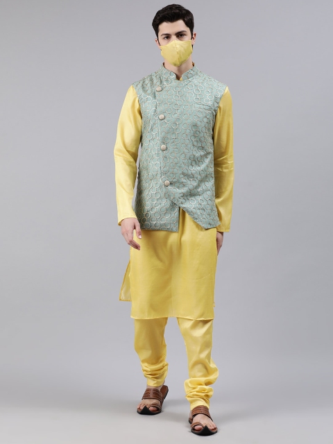 

EthnoVogue Men Yellow Solid Made To Measure Kurta Set With Jacket & Matching Mask