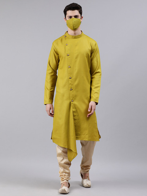 

EthnoVogue Men Lime Green & Beige Solid Made To Measure Kurta Set With Matching Mask