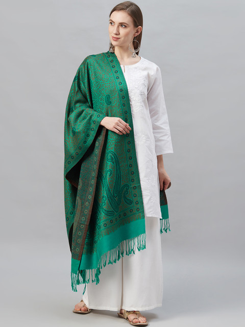 

Indo Era Green & Brown Woven Design Pashmina Silk Shawl