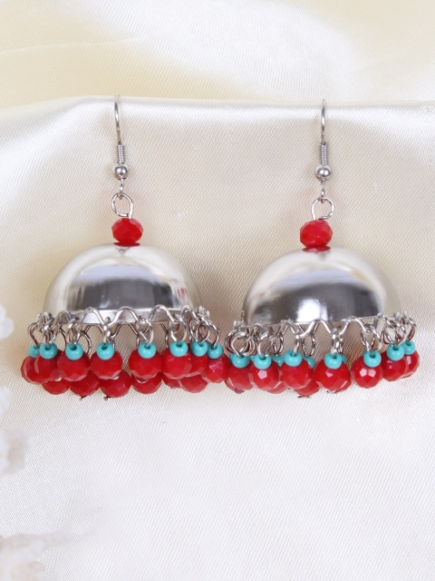

Ayesha Silver-Toned & Red Dome Shaped Jhumkas