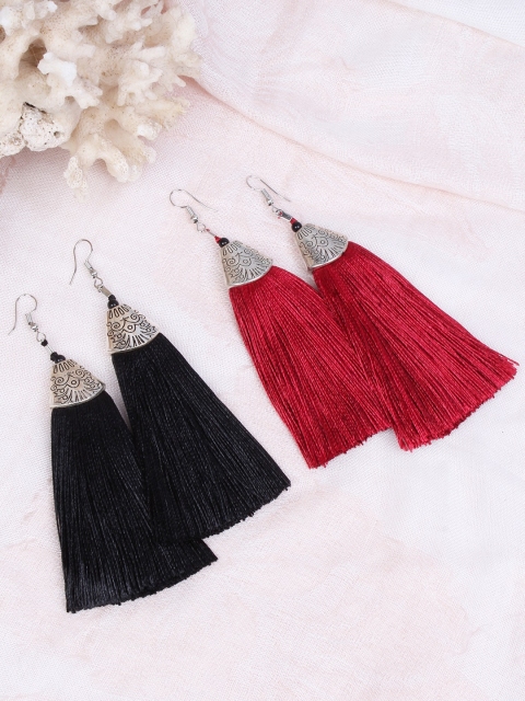 

Ayesha Set of 2 Oxidized Tassel Drop Earrings, Black