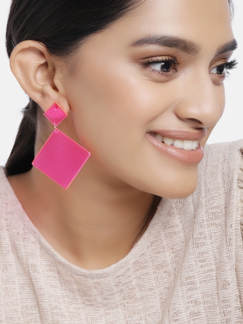 

Ayesha Neon Pink Square Shaped Acrylic Drop Earrings