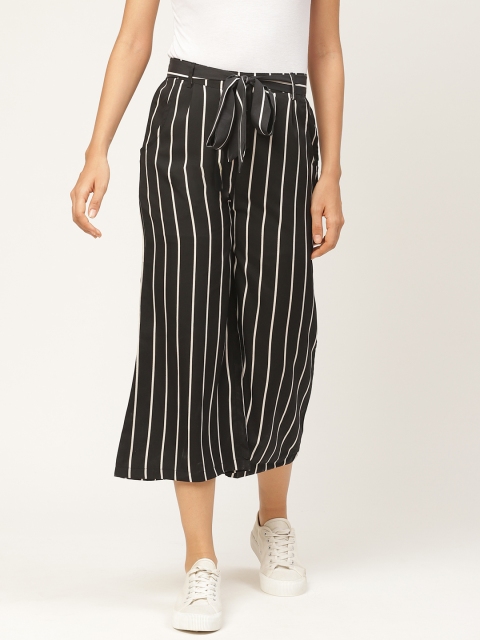 

WISSTLER Women Black & White Relaxed Flared Striped Cropped Parallel Trousers