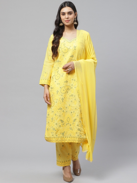 

ADA Women Yellow & Green Paisley Chikankari Embroidered Unstitched Dress Material