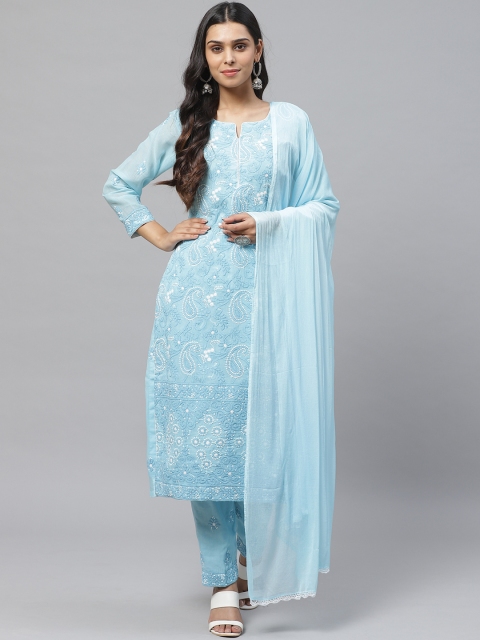 

ADA Women Blue & White Paisley Chikankari Embroidered Unstitched Dress Material