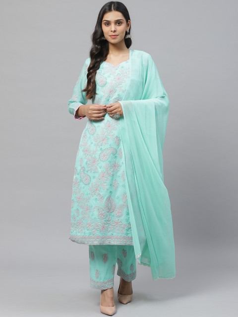 

ADA Women Sea Green & Pink Paisley Chikankari Embroidered Unstitched Sustainable Dress Material
