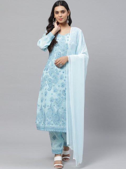 

ADA Women Blue Paisley Chikankari Embroidered Unstitched Dress Material