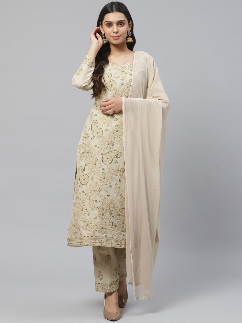 

ADA Women Beige & Green Paisley Chikankari Embroidered Unstitched Dress Material