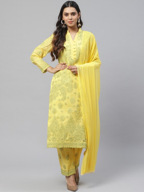 

ADA Yellow & Green Pure Cotton Chikankari Hand Embroidered Unstitched Dress Material