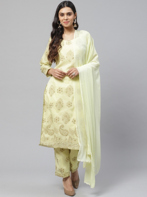 

ADA Yellow & Olive Brown Pure Cotton Chikankari Hand Embroidered Unstitched Sustainable Dress Material