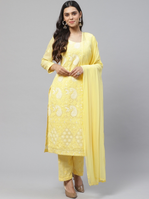 

ADA Yellow & White Pure Cotton Chikankari Hand Embroidered Unstitched Sustainable Dress Material