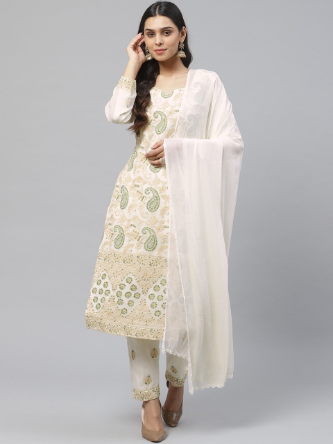 

ADA Cream-Coloured & Green Chikankari Hand Embroidered Unstitched Sustainable Dress Material