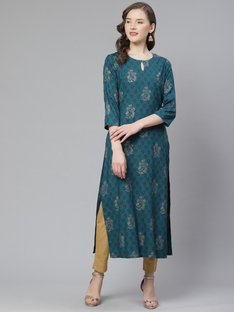 

Ginni Arora Label Women Teal Blue & Golden Foil Print Straight Kurta