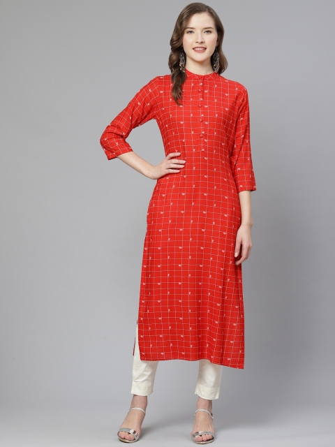 

Ginni Arora Label Women Red & Off-White Checked Straight Kurta