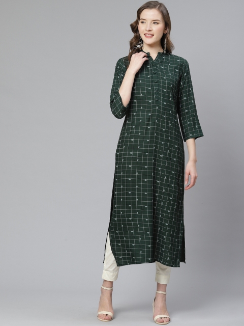 

Ginni Arora Label Women Green & Off-White Checked Straight Kurta Printed Detail