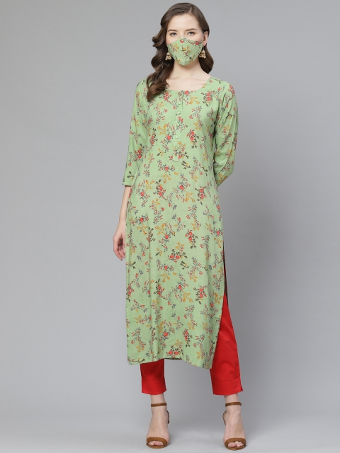 

Ginni Arora Label Women Sea Green Orange Floral Printed Straight Kurta