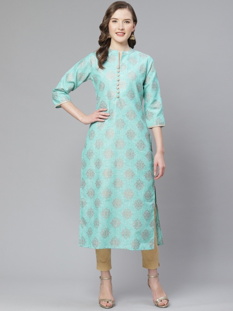 

Ginni Arora Label Women Blue & Golden Ethnic Foil Print Straight Kurta