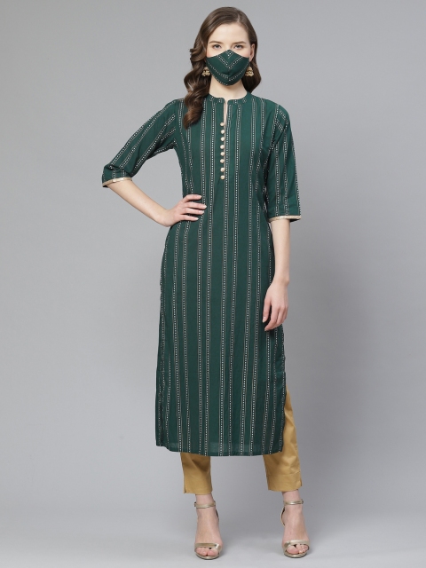 

Ginni Arora Label Women Green & Off-White Striped Straight Kurta with Mask