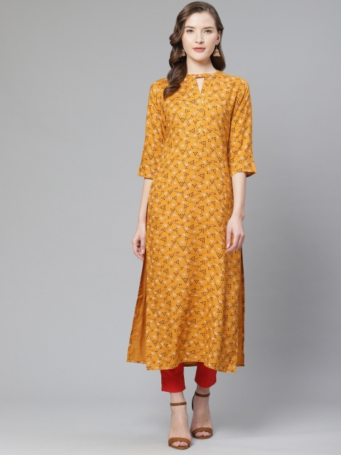 

Ginni Arora Label Women Mustard Yellow & Brown Printed Straight Kurta